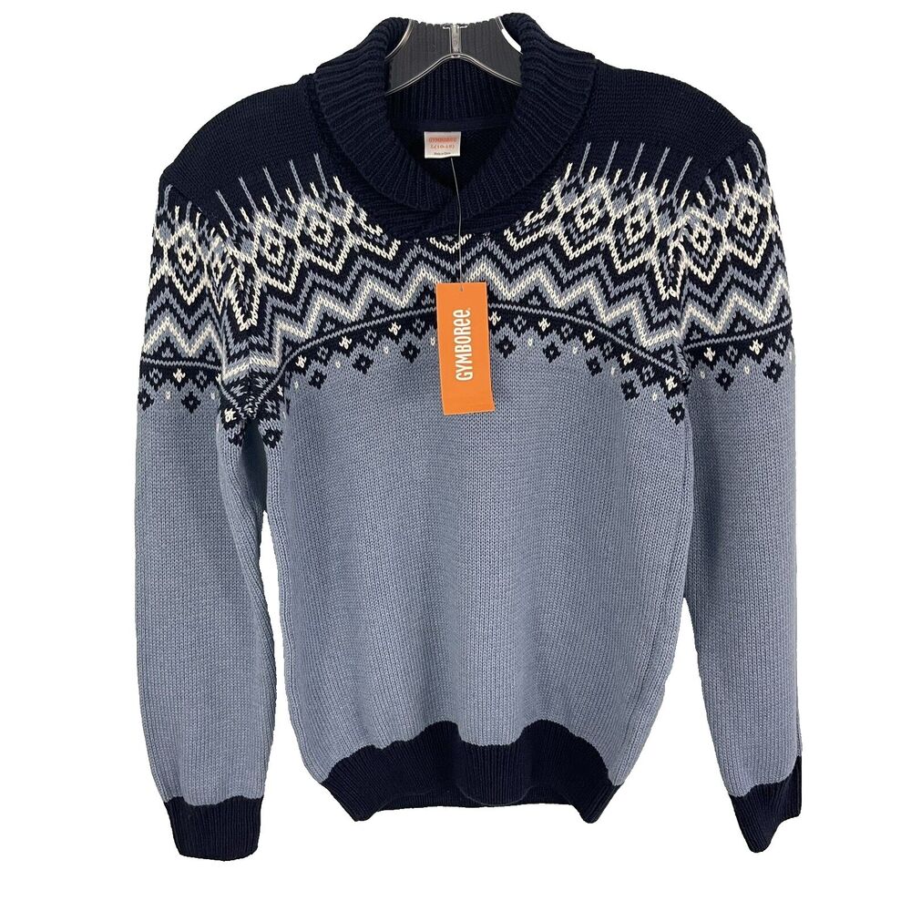NWT Gymboree Boys L 10/12 Shawl Collar Fair Isle Preppy Holiday Sweater Blue